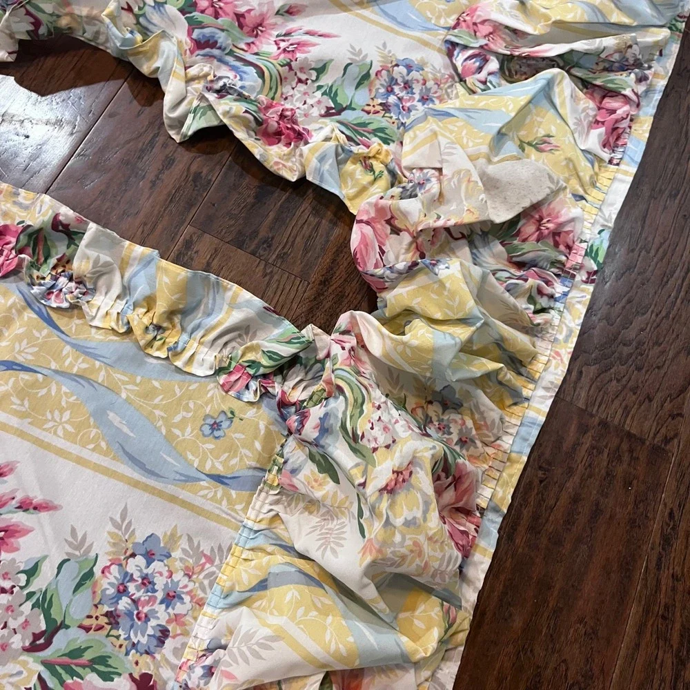 Croscill Princess Shower Curtain Vtg Yellow Pink Floral Ruffle With Tie Backs